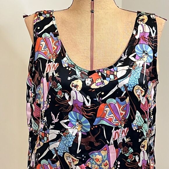 Edgemont 100% Silk Retro Themed Printed Tank Blouse - Size Medium - Picture 3 of 13